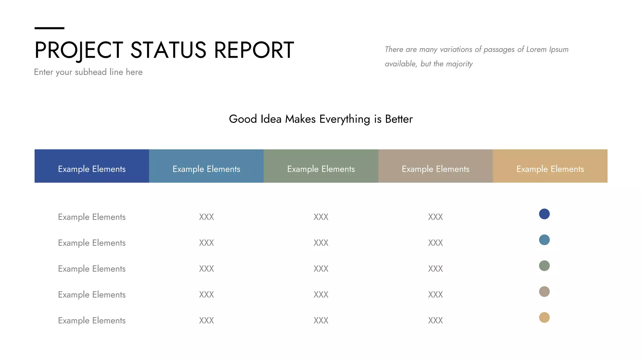 PROJECT STATUS REPORT
Enter your subhead line here
There are many variations of passages of Lorem Ipsum
available, but the majority
Example Elements Example Elements Example Elements Example Elements Example Elements
Example Elements XXX XXX XXX
Example Elements XXX XXX XXX
Example Elements XXX XXX XXX
Example Elements XXX XXX XXX
Example Elements XXX XXX XXX
Good Idea Makes Everything is Better
 