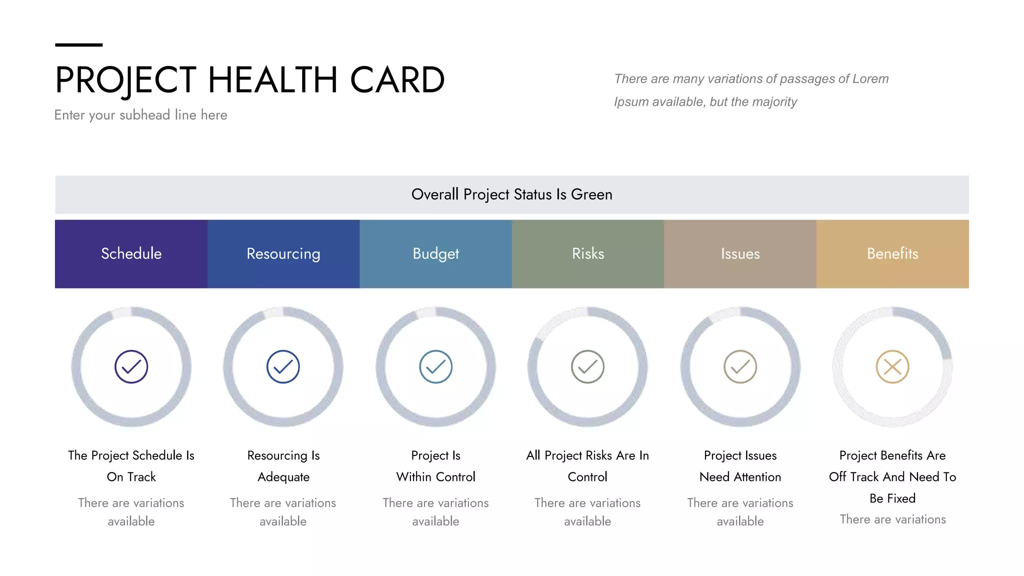 PROJECT HEALTH CARD
Enter your subhead line here
There are many variations of passages of Lorem
Ipsum available, but the majority
Overall Project Status Is Green
Schedule Resourcing Budget Risks Issues Benefits
The Project Schedule Is
On Track
Resourcing Is
Adequate
Project Is
Within Control
All Project Risks Are In
Control
Project Issues
Need Attention
Project Benefits Are
Off Track And Need To
Be Fixed
There are variations
available
There are variations
available
There are variations
available
There are variations
available
There are variations
available There are variations
 