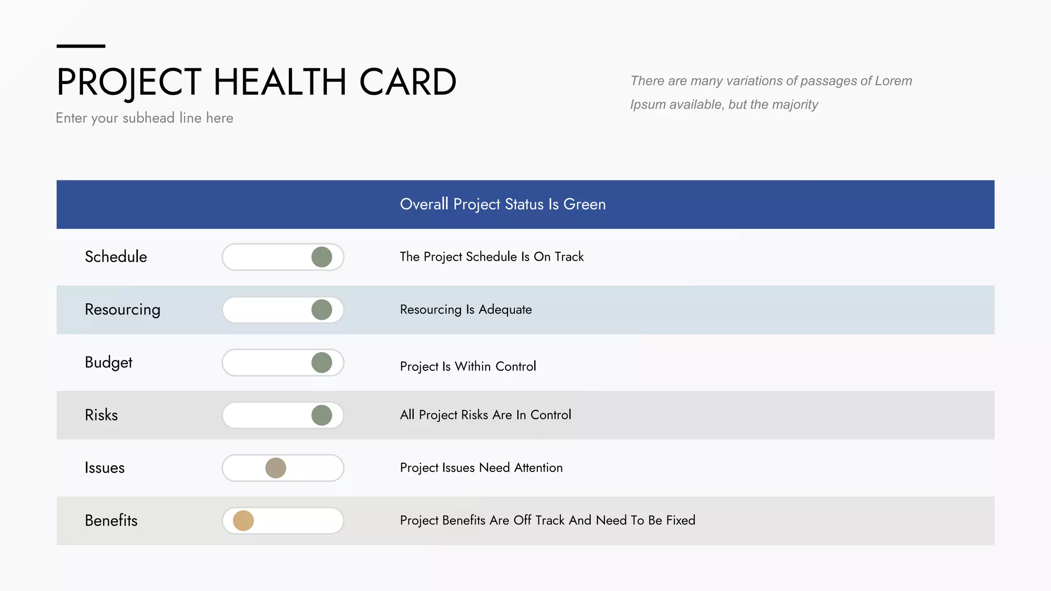 PROJECT HEALTH CARD
Enter your subhead line here
There are many variations of passages of Lorem
Ipsum available, but the majority
Overall Project Status Is Green
Schedule
Resourcing
Budget
Risks
Issues
Benefits
The Project Schedule Is On Track
Resourcing Is Adequate
Project Is Within Control
All Project Risks Are In Control
Project Issues Need Attention
Project Benefits Are Off Track And Need To Be Fixed
 