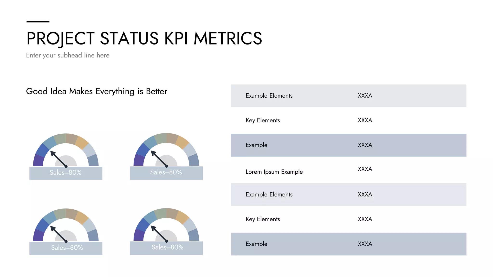 PROJECT STATUS KPI METRICS
Enter your subhead line here
Good Idea Makes Everything is Better
Key Elements
Example
Lorem Ipsum Example
Example Elements
Key Elements
Example
Example Elements
XXXA
XXXA
XXXA
XXXA
XXXA
XXXA
XXXA
Sales---80% Sales---80%
Sales---80% Sales---80%
 