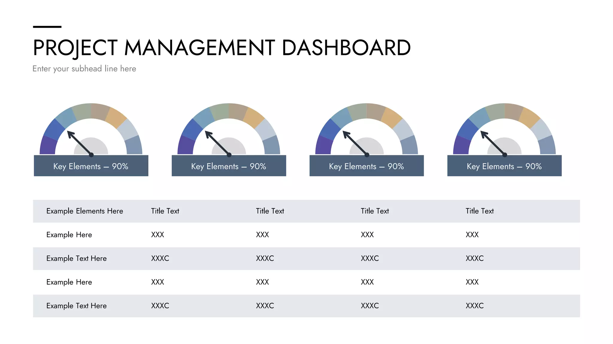 PROJECT MANAGEMENT DASHBOARD
Enter your subhead line here
Key Elements – 90%
Example Elements Here Title Text Title Text Title Text Title Text
Example Here XXX XXX XXX XXX
Example Text Here XXXC XXXC XXXC XXXC
Example Here XXX XXX XXX XXX
Example Text Here XXXC XXXC XXXC XXXC
Key Elements – 90% Key Elements – 90% Key Elements – 90%
 