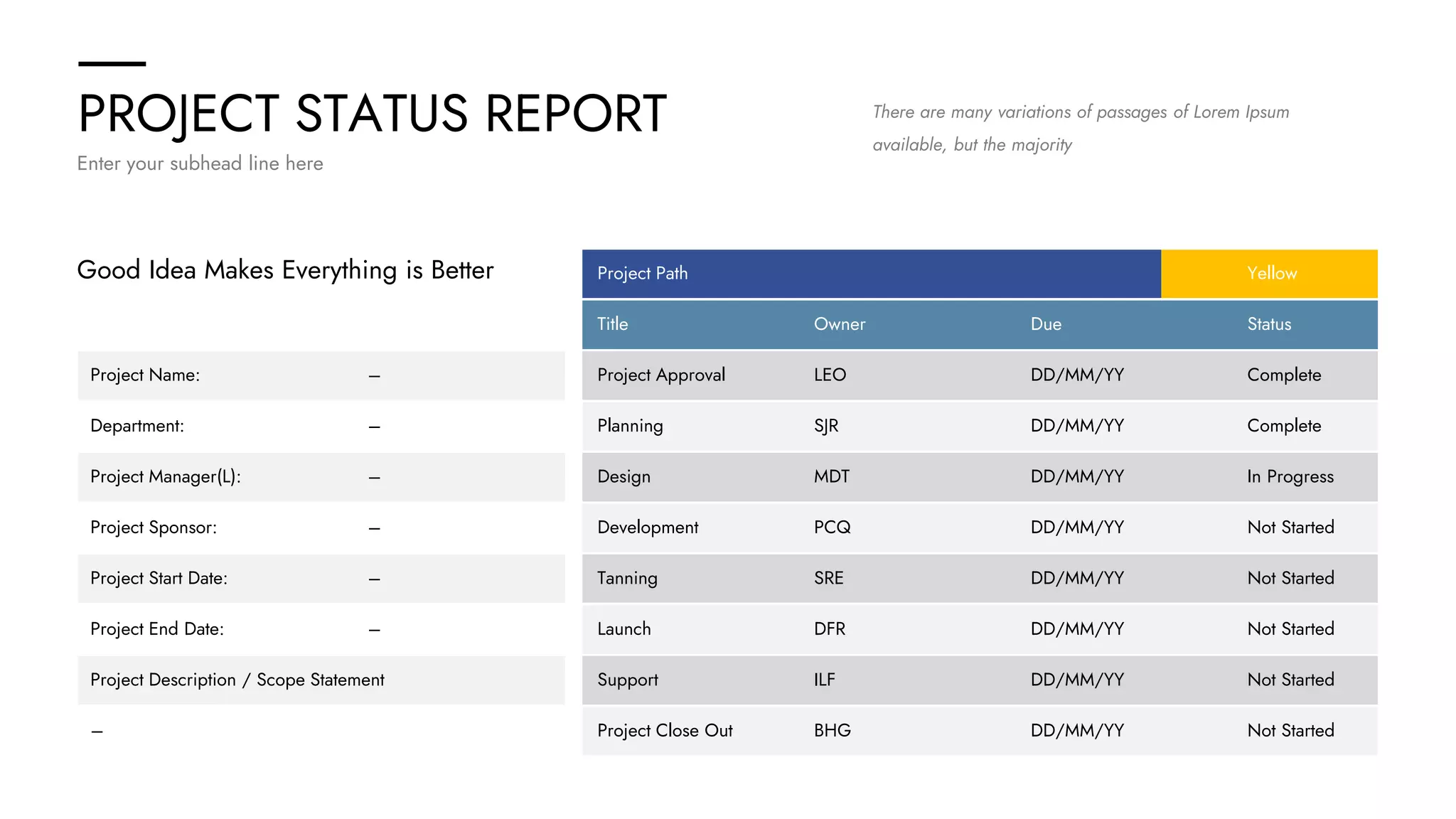 PROJECT STATUS REPORT
Enter your subhead line here
Good Idea Makes Everything is Better
There are many variations of passages of Lorem Ipsum
available, but the majority
Project Name: –
Department: –
Project Manager(L): –
Project Sponsor: –
Project Start Date: –
Project End Date: –
Project Description / Scope Statement
–
Project Path Yellow
Title Status
Owner Due
Project Approval Complete
LEO DD/MM/YY
Planning Complete
SJR DD/MM/YY
Design In Progress
MDT DD/MM/YY
Development Not Started
PCQ DD/MM/YY
Tanning Not Started
SRE DD/MM/YY
Launch Not Started
DFR DD/MM/YY
Support Not Started
ILF DD/MM/YY
Project Close Out Not Started
BHG DD/MM/YY
 