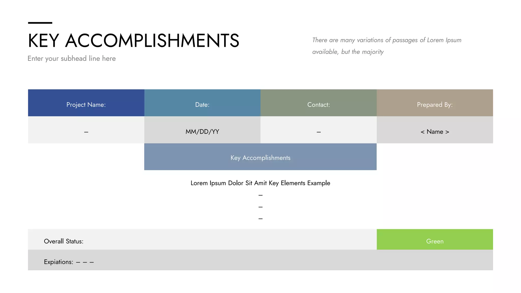 KEY ACCOMPLISHMENTS
Enter your subhead line here
There are many variations of passages of Lorem Ipsum
available, but the majority
Project Name: Date: Contact: Prepared By:
– MM/DD/YY – < Name >
Key Accomplishments
Lorem Ipsum Dolor Sit Amit Key Elements Example
–
–
–
Expiations: – – –
Overall Status: Green
 
