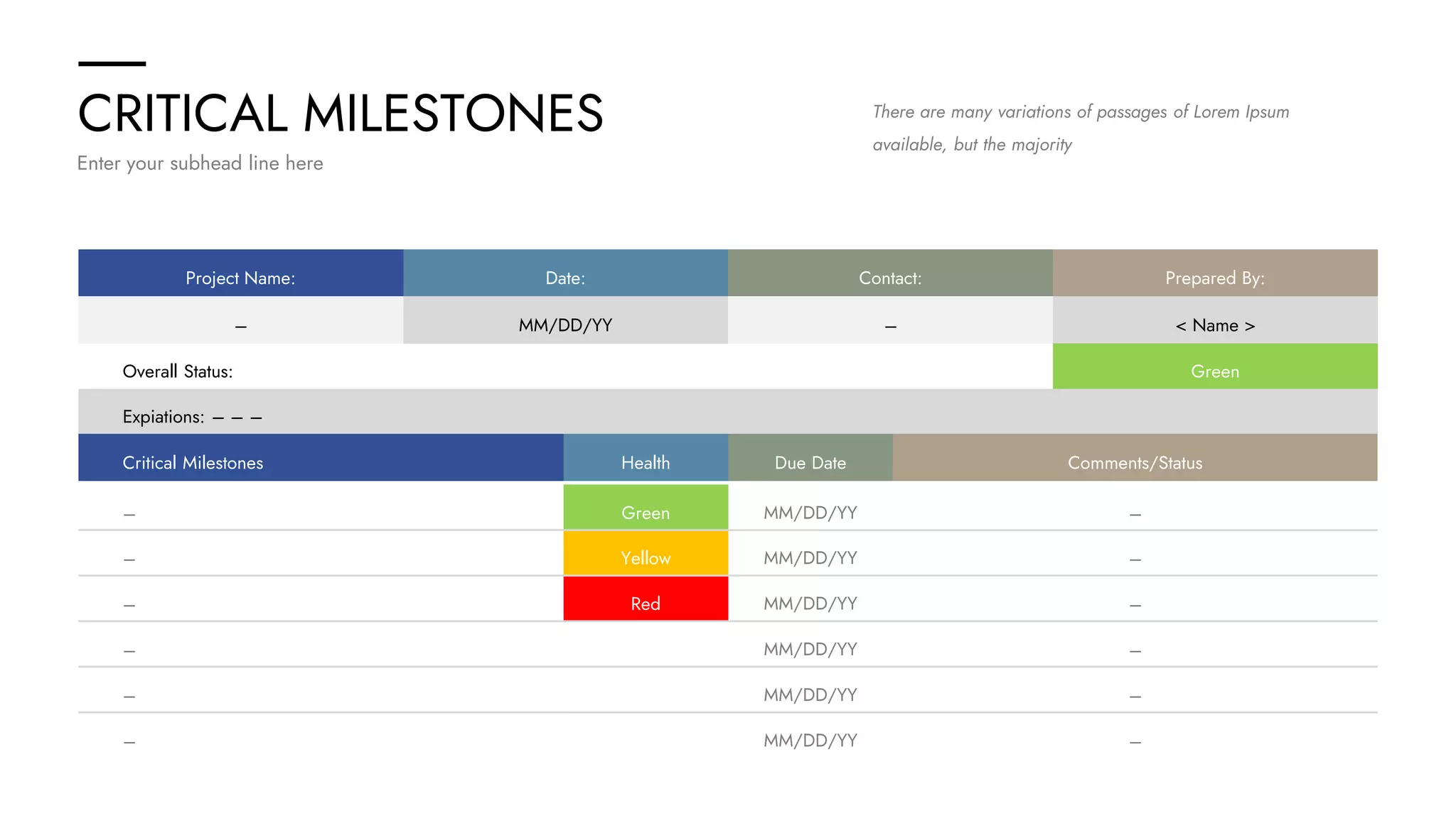 CRITICAL MILESTONES
Enter your subhead line here
There are many variations of passages of Lorem Ipsum
available, but the majority
Project Name: Date: Contact: Prepared By:
– MM/DD/YY – < Name >
Expiations: – – –
Overall Status: Green
Due Date
Health
Critical Milestones Comments/Status
Yellow
Red
– –
Green MM/DD/YY
– –
MM/DD/YY
– –
MM/DD/YY
– –
MM/DD/YY
– –
MM/DD/YY
– –
MM/DD/YY
 