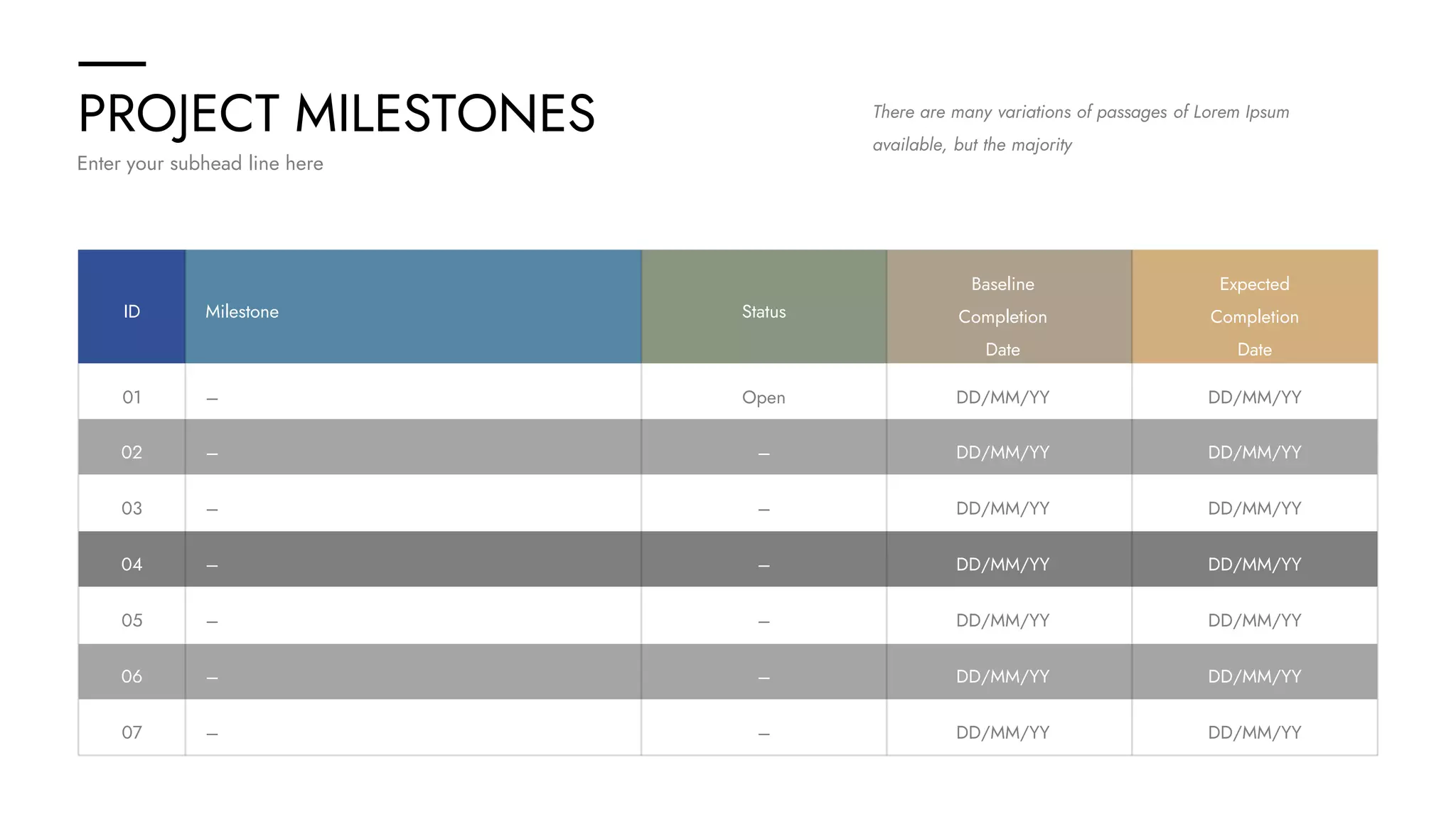 PROJECT MILESTONES
Enter your subhead line here
There are many variations of passages of Lorem Ipsum
available, but the majority
Milestone
ID Status
Baseline
Completion
Date
Expected
Completion
Date
–
01 Open DD/MM/YY DD/MM/YY
–
02 – DD/MM/YY DD/MM/YY
–
03 – DD/MM/YY DD/MM/YY
–
04 – DD/MM/YY DD/MM/YY
–
05 – DD/MM/YY DD/MM/YY
–
06 – DD/MM/YY DD/MM/YY
–
07 – DD/MM/YY DD/MM/YY
 
