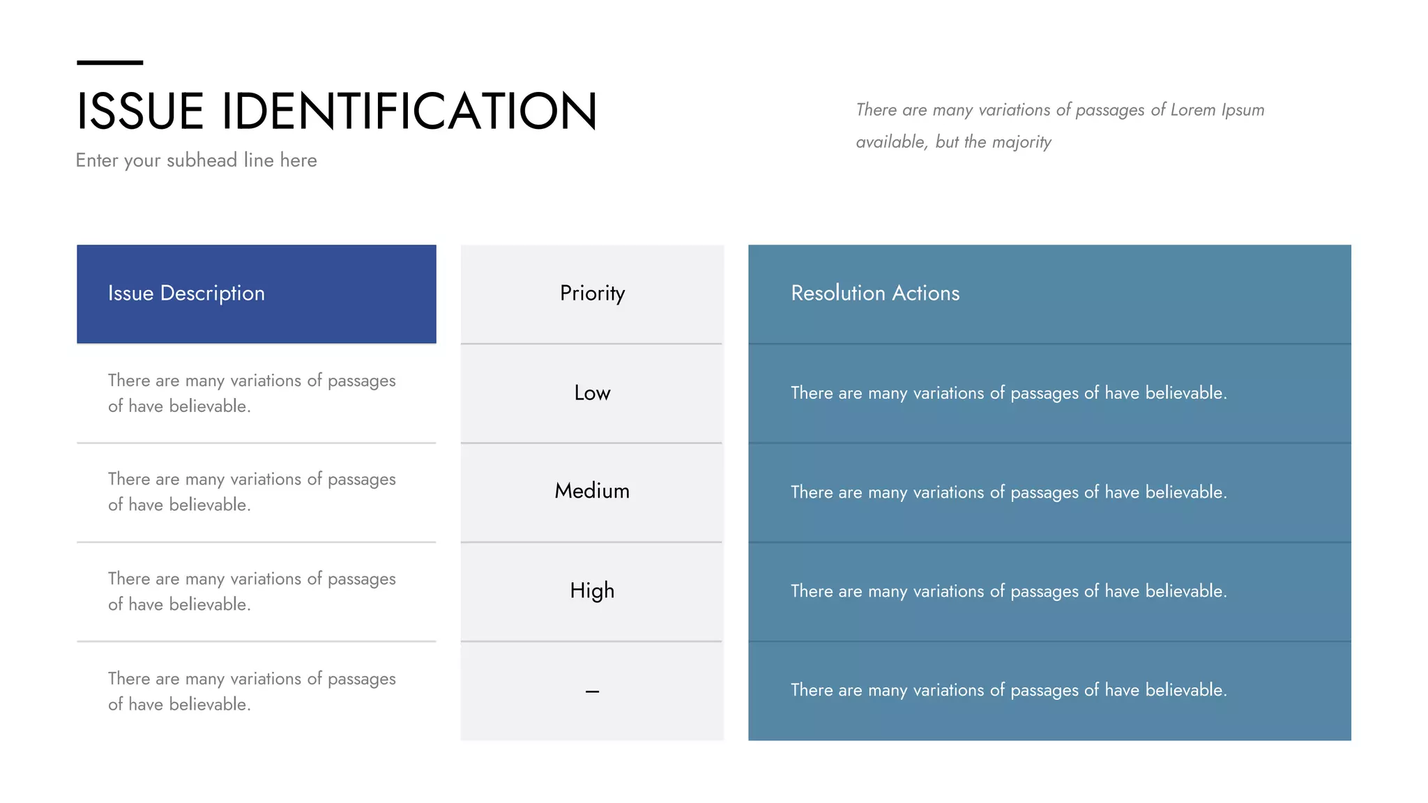 ISSUE IDENTIFICATION
Enter your subhead line here
There are many variations of passages of Lorem Ipsum
available, but the majority
Issue Description Priority Resolution Actions
Low
Medium
High
–
There are many variations of passages
of have believable.
There are many variations of passages
of have believable.
There are many variations of passages
of have believable.
There are many variations of passages
of have believable.
There are many variations of passages of have believable.
There are many variations of passages of have believable.
There are many variations of passages of have believable.
There are many variations of passages of have believable.
 