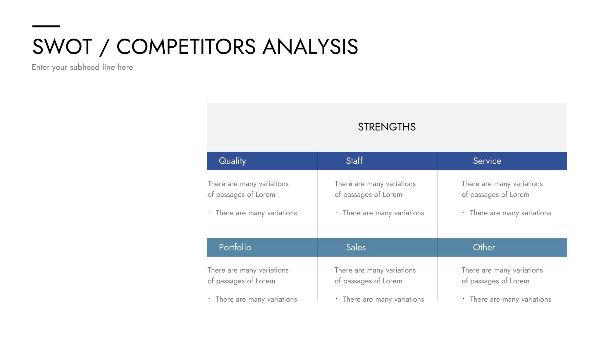 SWOT / COMPETITORS ANALYSIS
Enter your subhead line here
STRENGTHS
Quality
There are many variations
of passages of Lorem
• There are many variations
Portfolio
There are many variations
of passages of Lorem
• There are many variations
Staff
There are many variations
of passages of Lorem
• There are many variations
Sales
There are many variations
of passages of Lorem
• There are many variations
Service
There are many variations
of passages of Lorem
• There are many variations
Other
There are many variations
of passages of Lorem
• There are many variations
 