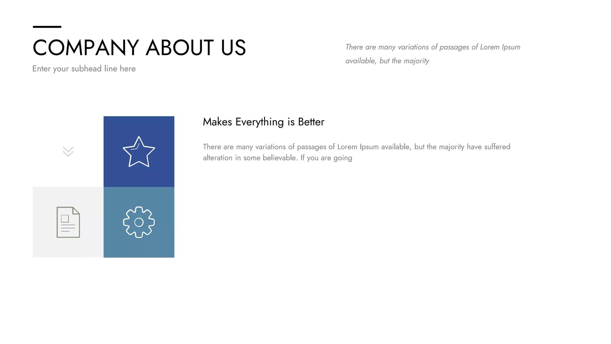COMPANY ABOUT US
Enter your subhead line here
There are many variations of passages of Lorem Ipsum available, but the majority have suffered
alteration in some believable. If you are going
Makes Everything is Better
There are many variations of passages of Lorem Ipsum
available, but the majority
 