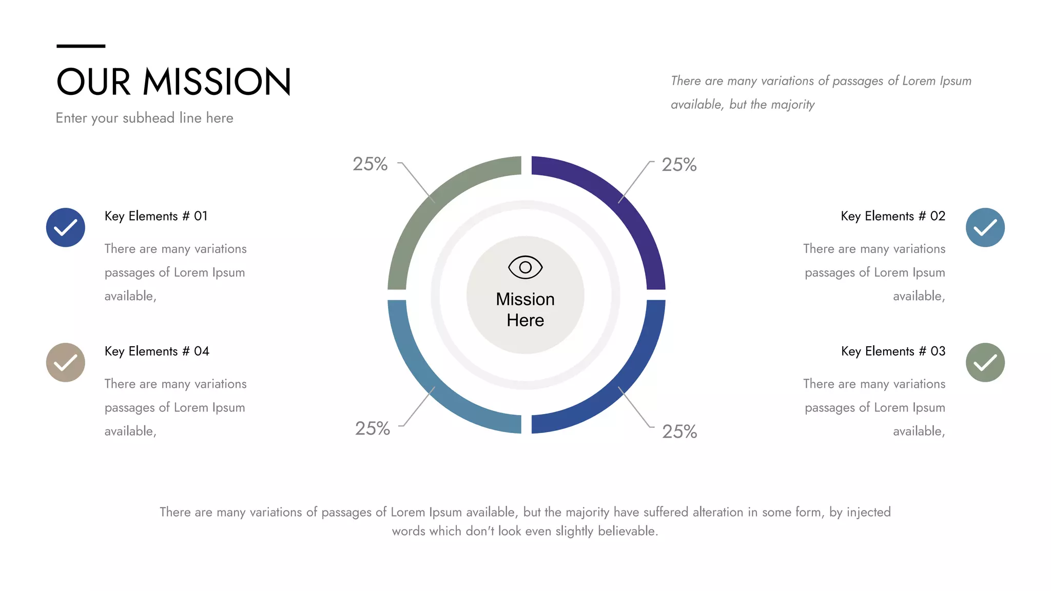 OUR MISSION
Enter your subhead line here
There are many variations of passages of Lorem Ipsum
available, but the majority
There are many variations of passages of Lorem Ipsum available, but the majority have suffered alteration in some form, by injected
words which don't look even slightly believable.
Key Elements # 02
There are many variations
passages of Lorem Ipsum
available,
Key Elements # 03
There are many variations
passages of Lorem Ipsum
available,
Key Elements # 01
There are many variations
passages of Lorem Ipsum
available,
Key Elements # 04
There are many variations
passages of Lorem Ipsum
available,
Mission
Here
25% 25%
25%
25%
 
