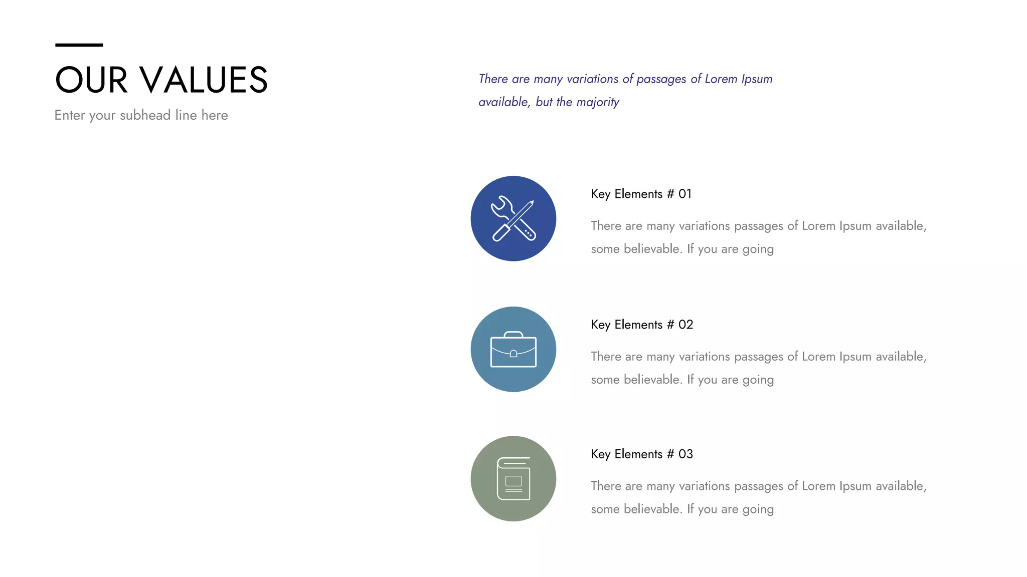 OUR VALUES
Enter your subhead line here
There are many variations of passages of Lorem Ipsum
available, but the majority
Key Elements # 01
There are many variations passages of Lorem Ipsum available,
some believable. If you are going
Key Elements # 02
There are many variations passages of Lorem Ipsum available,
some believable. If you are going
Key Elements # 03
There are many variations passages of Lorem Ipsum available,
some believable. If you are going
 