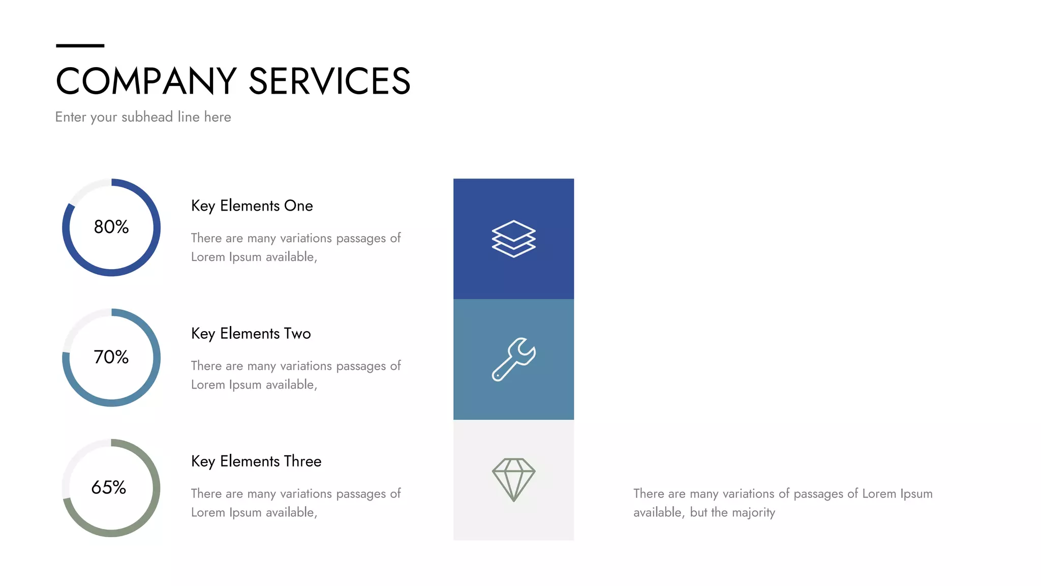 COMPANY SERVICES
Enter your subhead line here
80%
70%
65%
Key Elements One
There are many variations passages of
Lorem Ipsum available,
Key Elements Two
There are many variations passages of
Lorem Ipsum available,
Key Elements Three
There are many variations passages of
Lorem Ipsum available,
There are many variations of passages of Lorem Ipsum
available, but the majority
 