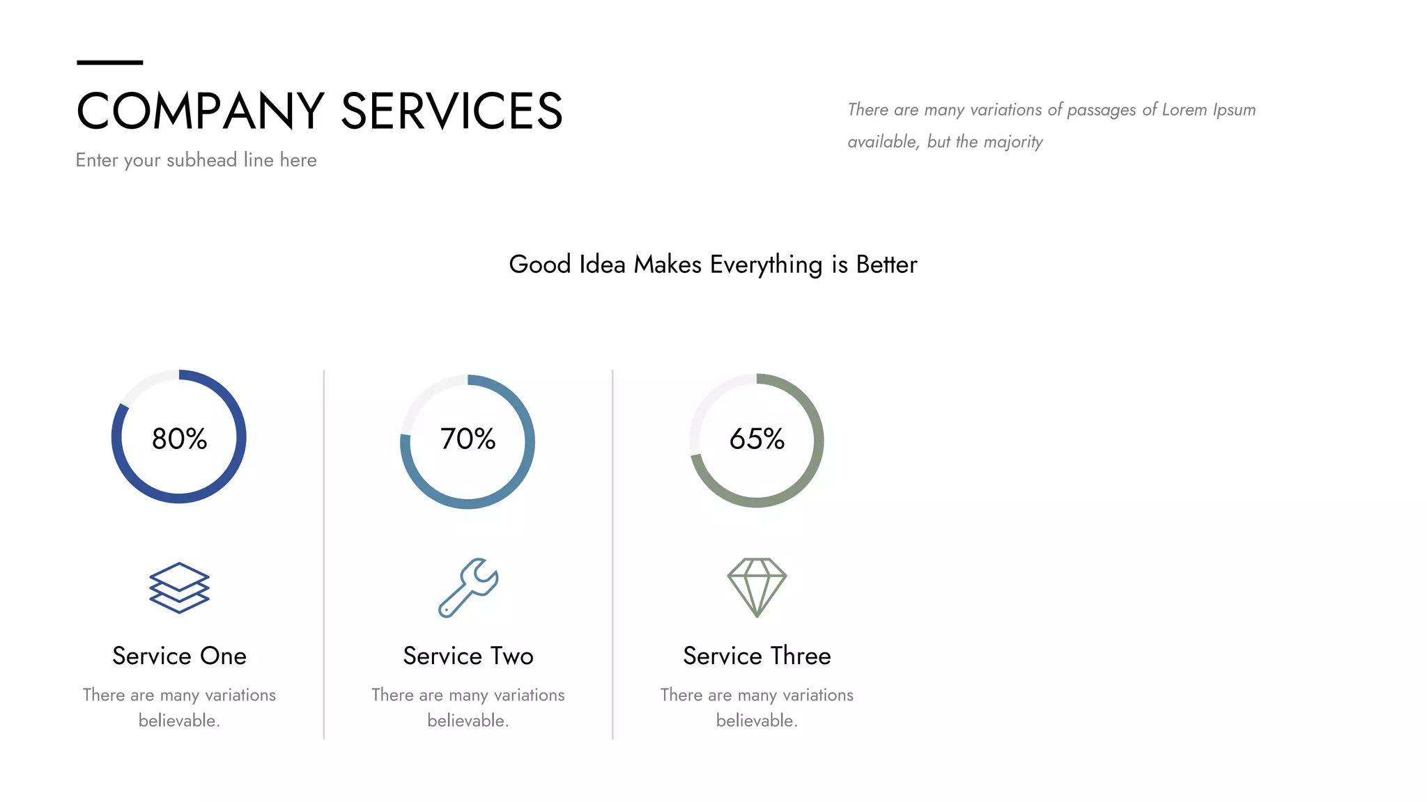 COMPANY SERVICES
Enter your subhead line here
Service One Service Two Service Three
80% 70% 65%
There are many variations
believable.
There are many variations
believable.
There are many variations
believable.
Good Idea Makes Everything is Better
There are many variations of passages of Lorem Ipsum
available, but the majority
 