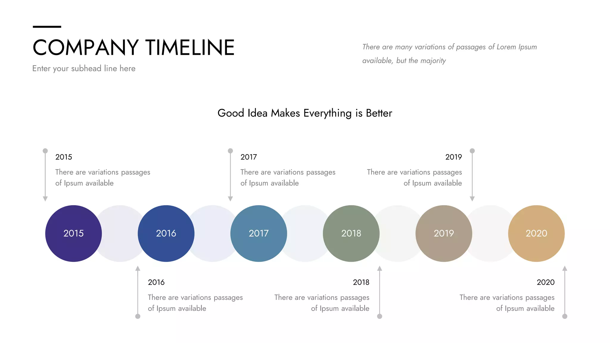 COMPANY TIMELINE
Enter your subhead line here
2015 2016 2017 2018 2019 2020
There are variations passages
of Ipsum available
2015
There are variations passages
of Ipsum available
2017
There are variations passages
of Ipsum available
2019
There are variations passages
of Ipsum available
2016
There are variations passages
of Ipsum available
2018
There are variations passages
of Ipsum available
2020
Good Idea Makes Everything is Better
There are many variations of passages of Lorem Ipsum
available, but the majority
 