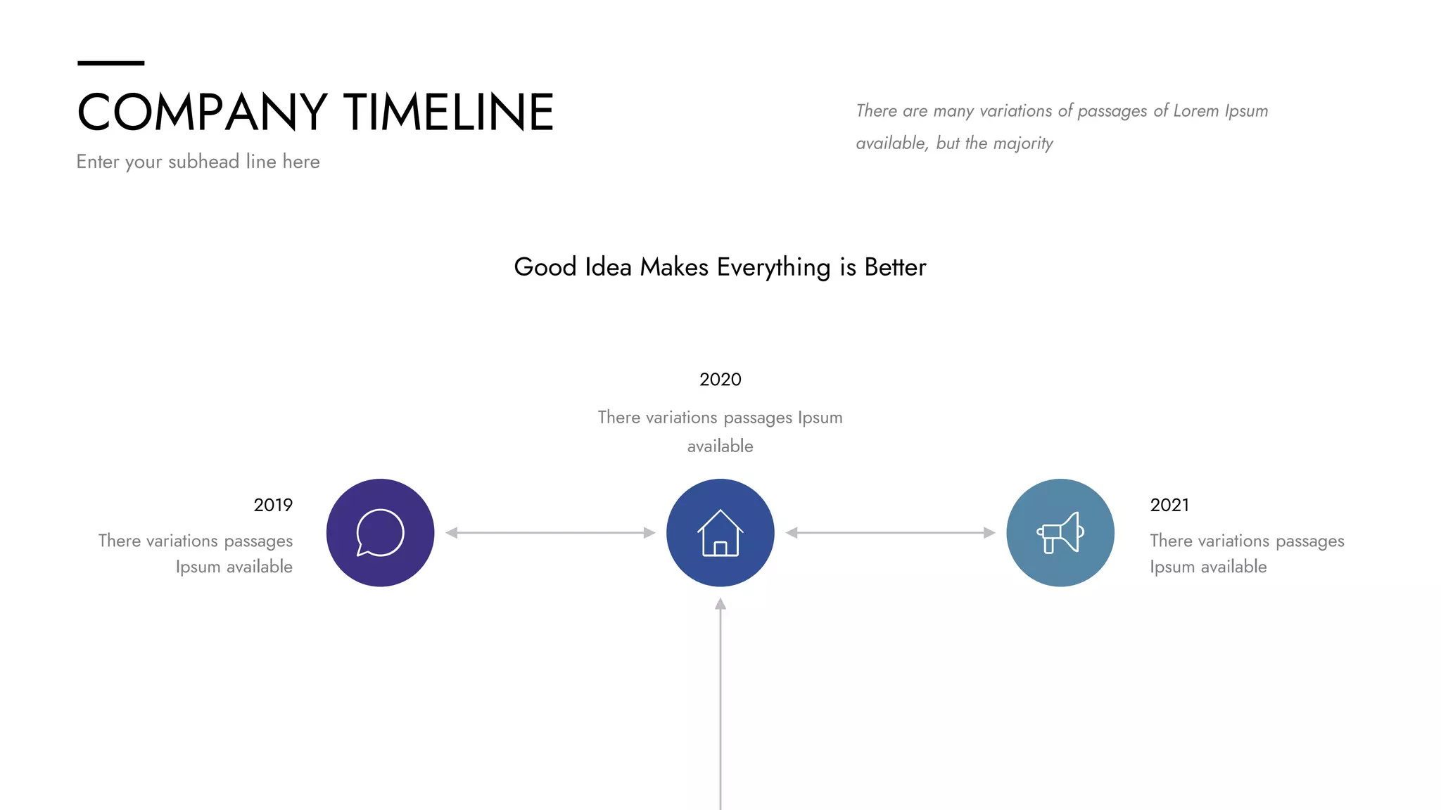 COMPANY TIMELINE
Enter your subhead line here
Good Idea Makes Everything is Better
There are many variations of passages of Lorem Ipsum
available, but the majority
There variations passages
Ipsum available
2019
There variations passages
Ipsum available
2021
There variations passages Ipsum
available
2020
 