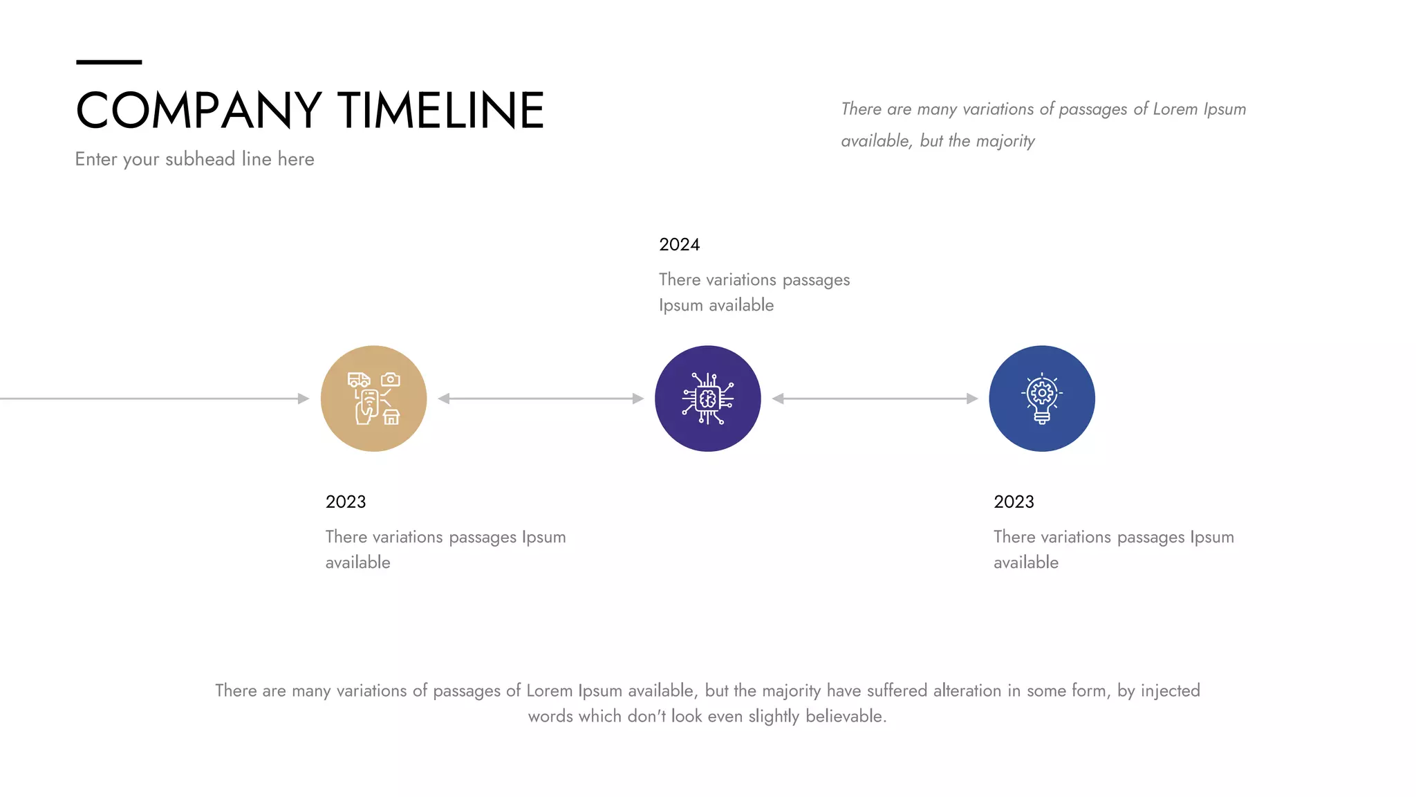 COMPANY TIMELINE
Enter your subhead line here
There are many variations of passages of Lorem Ipsum
available, but the majority
There variations passages Ipsum
available
2023
There variations passages
Ipsum available
2024
There variations passages Ipsum
available
2023
There are many variations of passages of Lorem Ipsum available, but the majority have suffered alteration in some form, by injected
words which don't look even slightly believable.
 