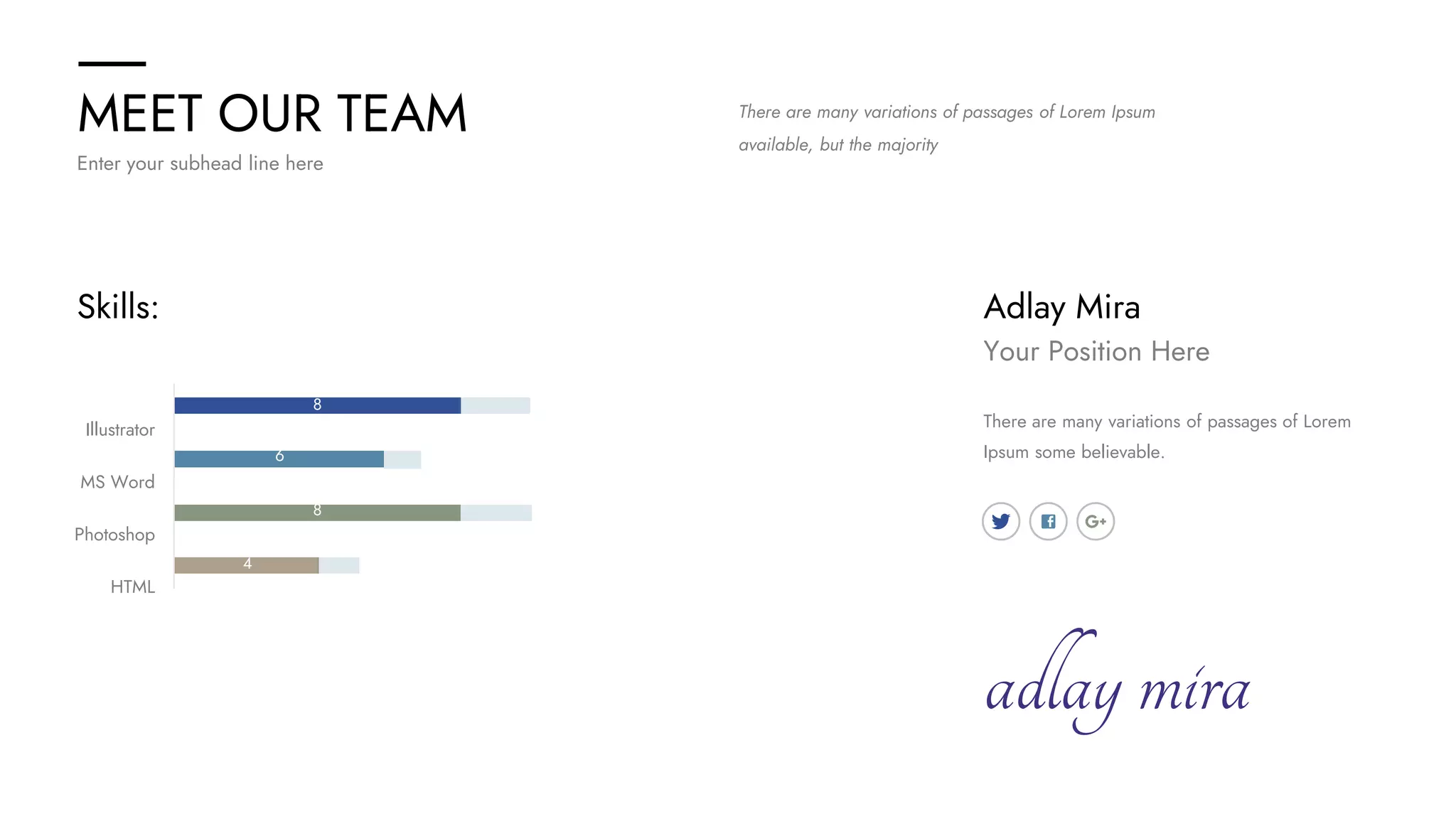 MEET OUR TEAM
Enter your subhead line here
There are many variations of passages of Lorem Ipsum
available, but the majority
Adlay Mira
Your Position Here
There are many variations of passages of Lorem
Ipsum some believable.
adlaymira
Skills:
Illustrator
MS Word
Photoshop
HTML
8
6
8
4
 