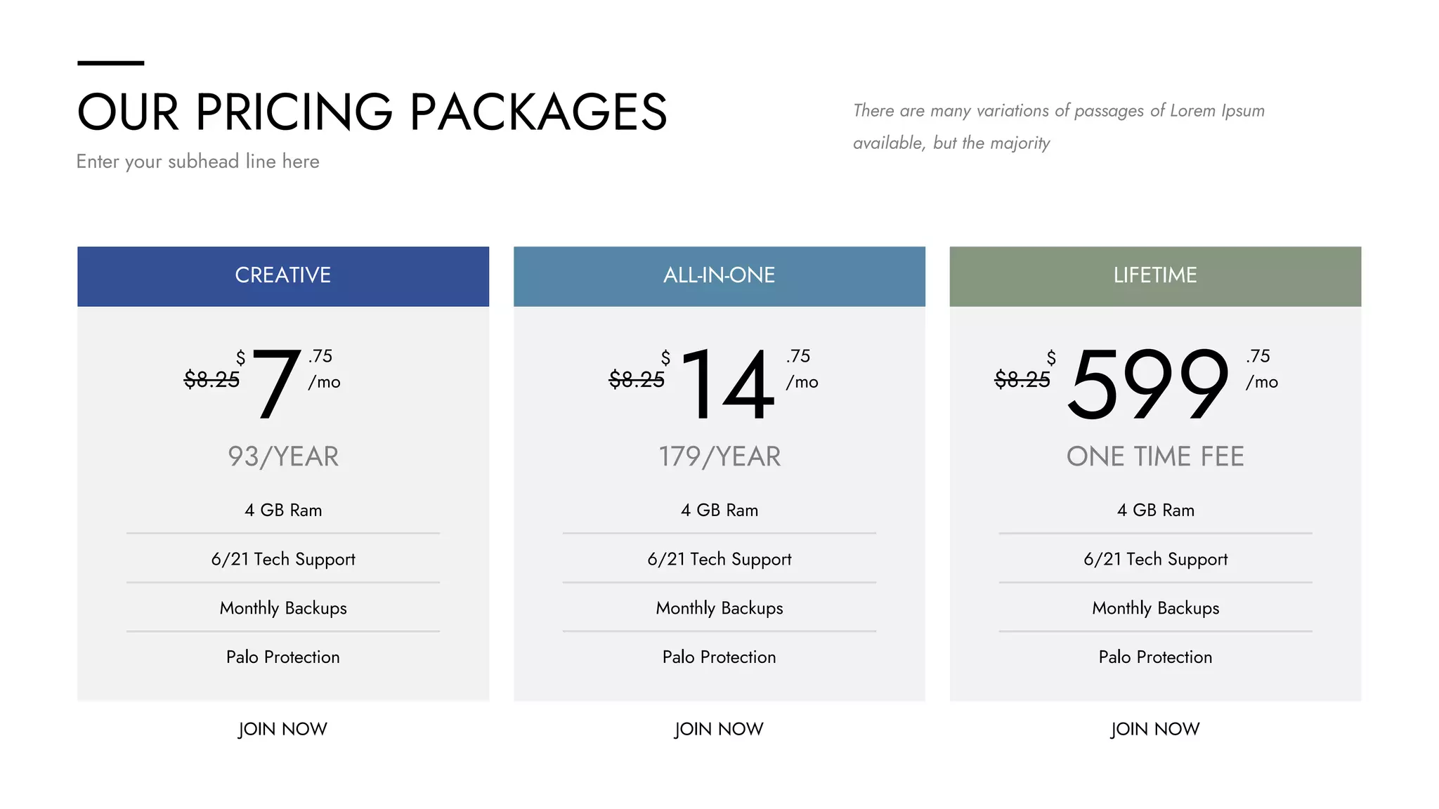 OUR PRICING PACKAGES
Enter your subhead line here
There are many variations of passages of Lorem Ipsum
available, but the majority
JOIN NOW JOIN NOW JOIN NOW
CREATIVE ALL-IN-ONE LIFETIME
$8.25
$
7
.75
/mo
93/YEAR
4 GB Ram
6/21 Tech Support
Monthly Backups
Palo Protection
$8.25
$
14
.75
/mo
179/YEAR
4 GB Ram
6/21 Tech Support
Monthly Backups
Palo Protection
$8.25
$
599
.75
/mo
ONE TIME FEE
4 GB Ram
6/21 Tech Support
Monthly Backups
Palo Protection
 