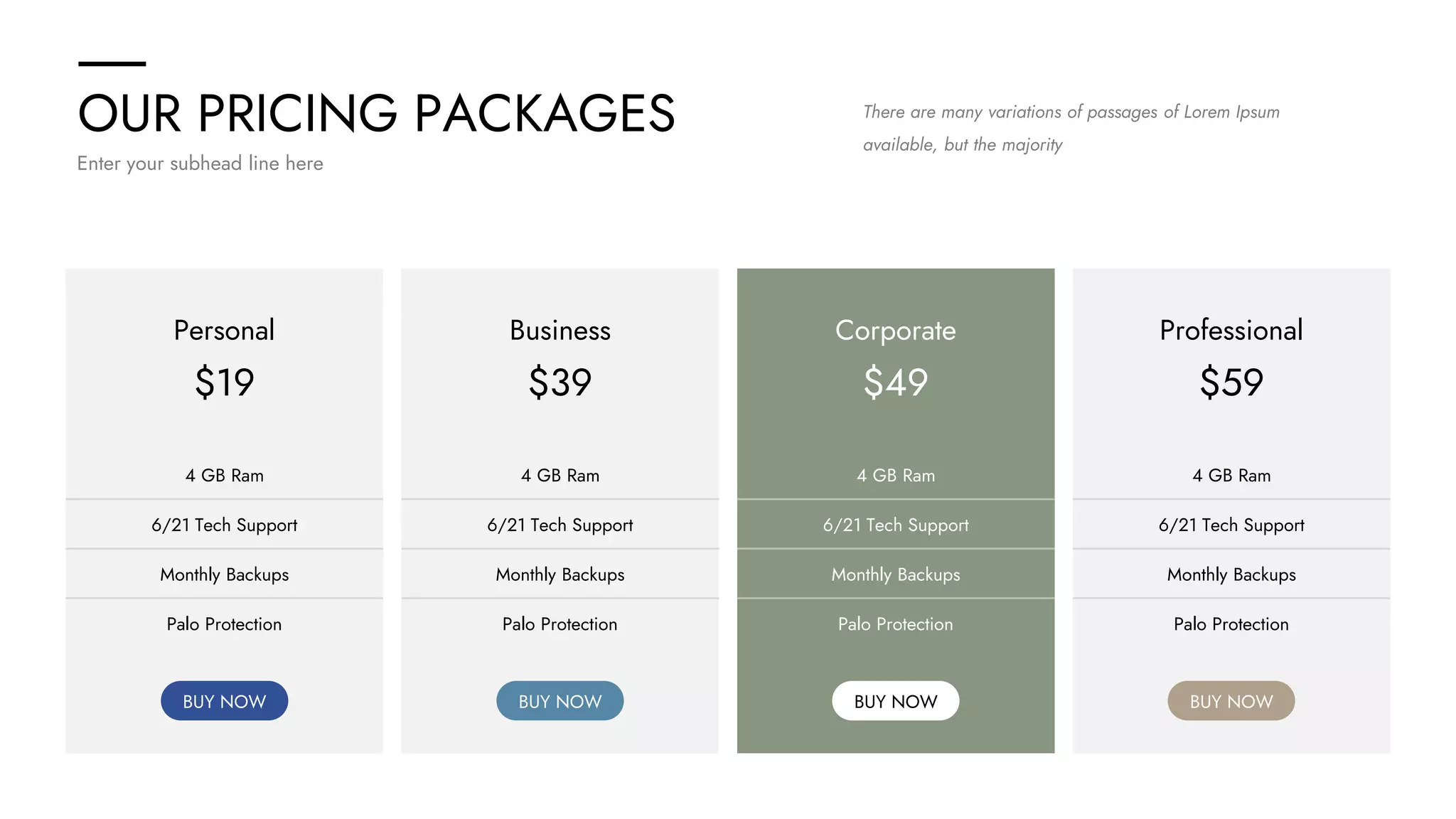 OUR PRICING PACKAGES
Enter your subhead line here
Personal
$19
BUY NOW
4 GB Ram
6/21 Tech Support
Monthly Backups
Palo Protection
Business
$39
BUY NOW
4 GB Ram
6/21 Tech Support
Monthly Backups
Palo Protection
Corporate
$49
BUY NOW
4 GB Ram
6/21 Tech Support
Monthly Backups
Palo Protection
Professional
$59
BUY NOW
4 GB Ram
6/21 Tech Support
Monthly Backups
Palo Protection
There are many variations of passages of Lorem Ipsum
available, but the majority
 