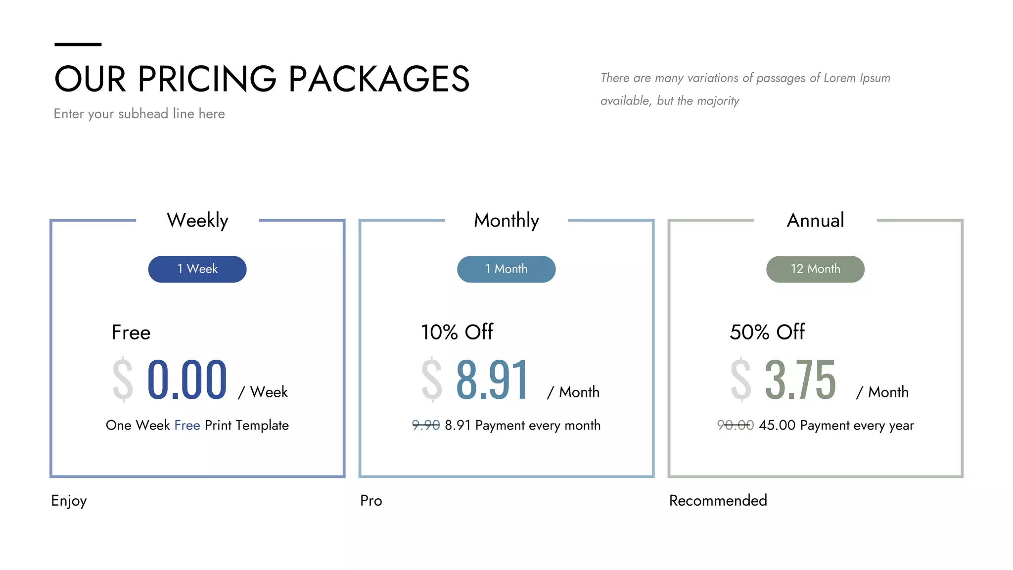 OUR PRICING PACKAGES
Enter your subhead line here
There are many variations of passages of Lorem Ipsum
available, but the majority
Monthly
1 Month
10% Off
$ 8.91 / Month
9.90 8.91 Payment every month
Weekly
1 Week
Free
$ 0.00 / Week
One Week Free Print Template
Annual
12 Month
50% Off
$ 3.75 / Month
90.00 45.00 Payment every year
Recommended
Pro
Enjoy
 