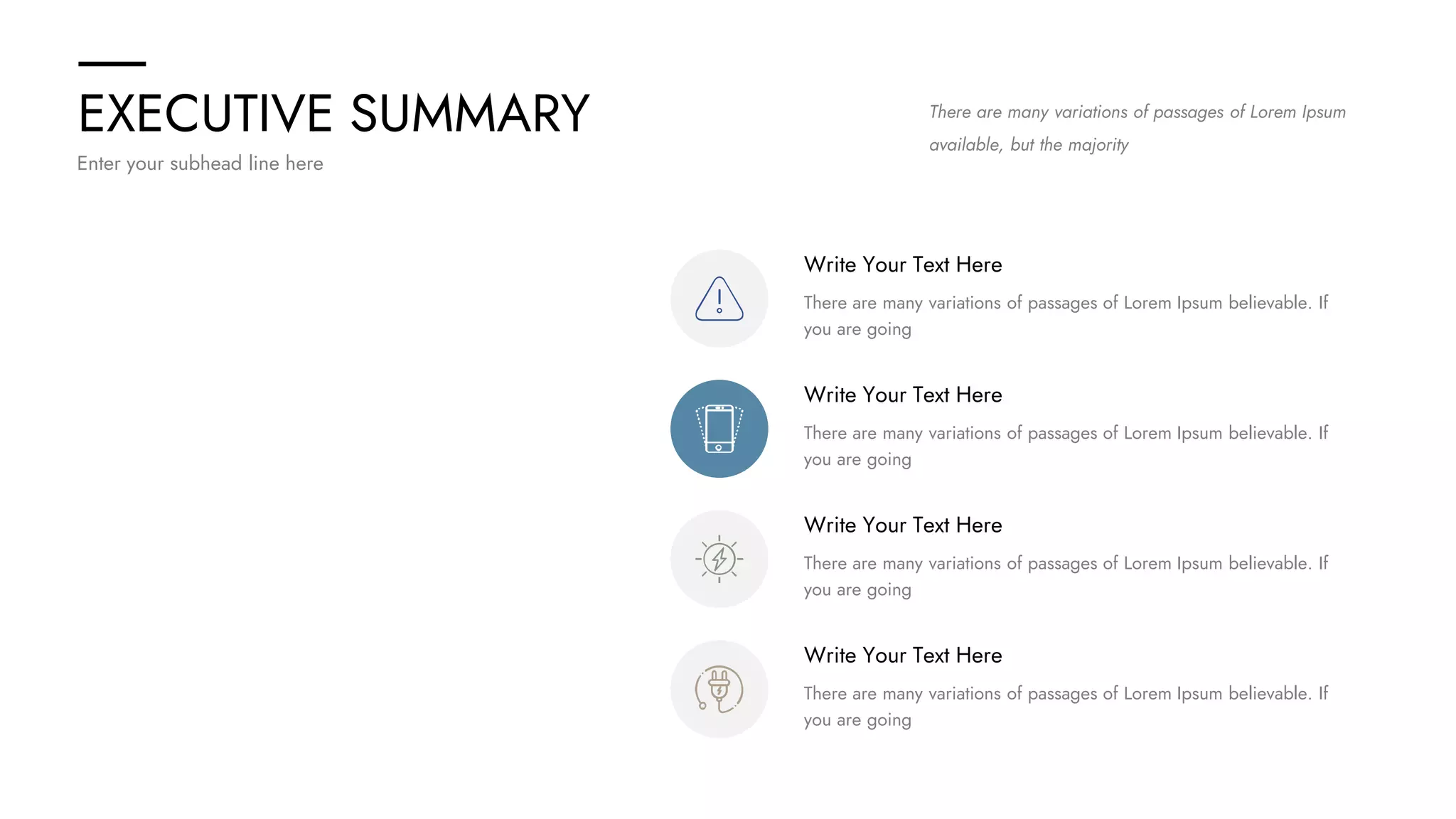 EXECUTIVE SUMMARY
Enter your subhead line here
There are many variations of passages of Lorem Ipsum
available, but the majority
Write Your Text Here
There are many variations of passages of Lorem Ipsum believable. If
you are going
Write Your Text Here
There are many variations of passages of Lorem Ipsum believable. If
you are going
Write Your Text Here
There are many variations of passages of Lorem Ipsum believable. If
you are going
Write Your Text Here
There are many variations of passages of Lorem Ipsum believable. If
you are going
 
