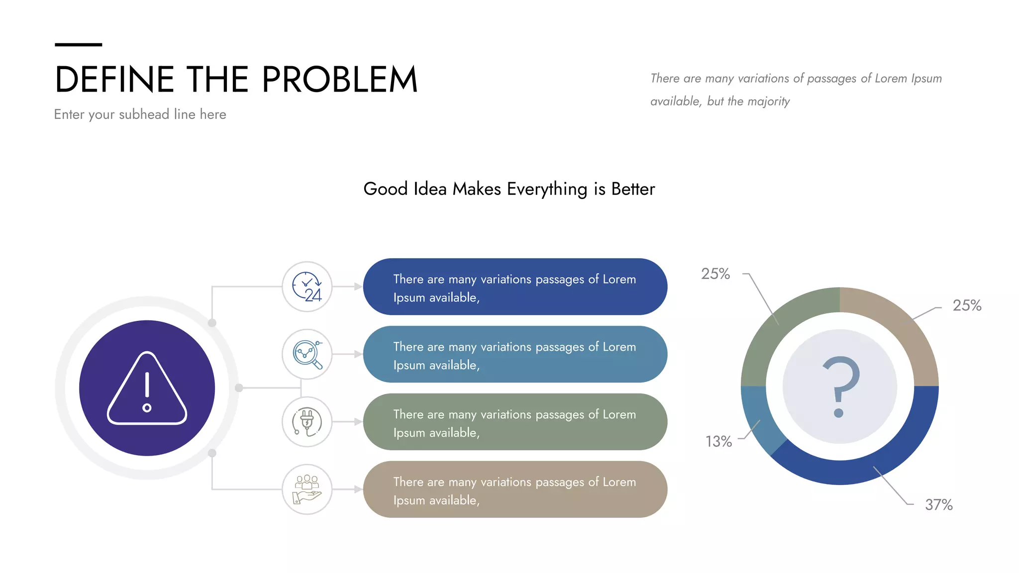 DEFINE THE PROBLEM
Enter your subhead line here
There are many variations of passages of Lorem Ipsum
available, but the majority
Good Idea Makes Everything is Better
There are many variations passages of Lorem
Ipsum available,
There are many variations passages of Lorem
Ipsum available,
There are many variations passages of Lorem
Ipsum available,
There are many variations passages of Lorem
Ipsum available,
?
25%
25%
13%
37%
 