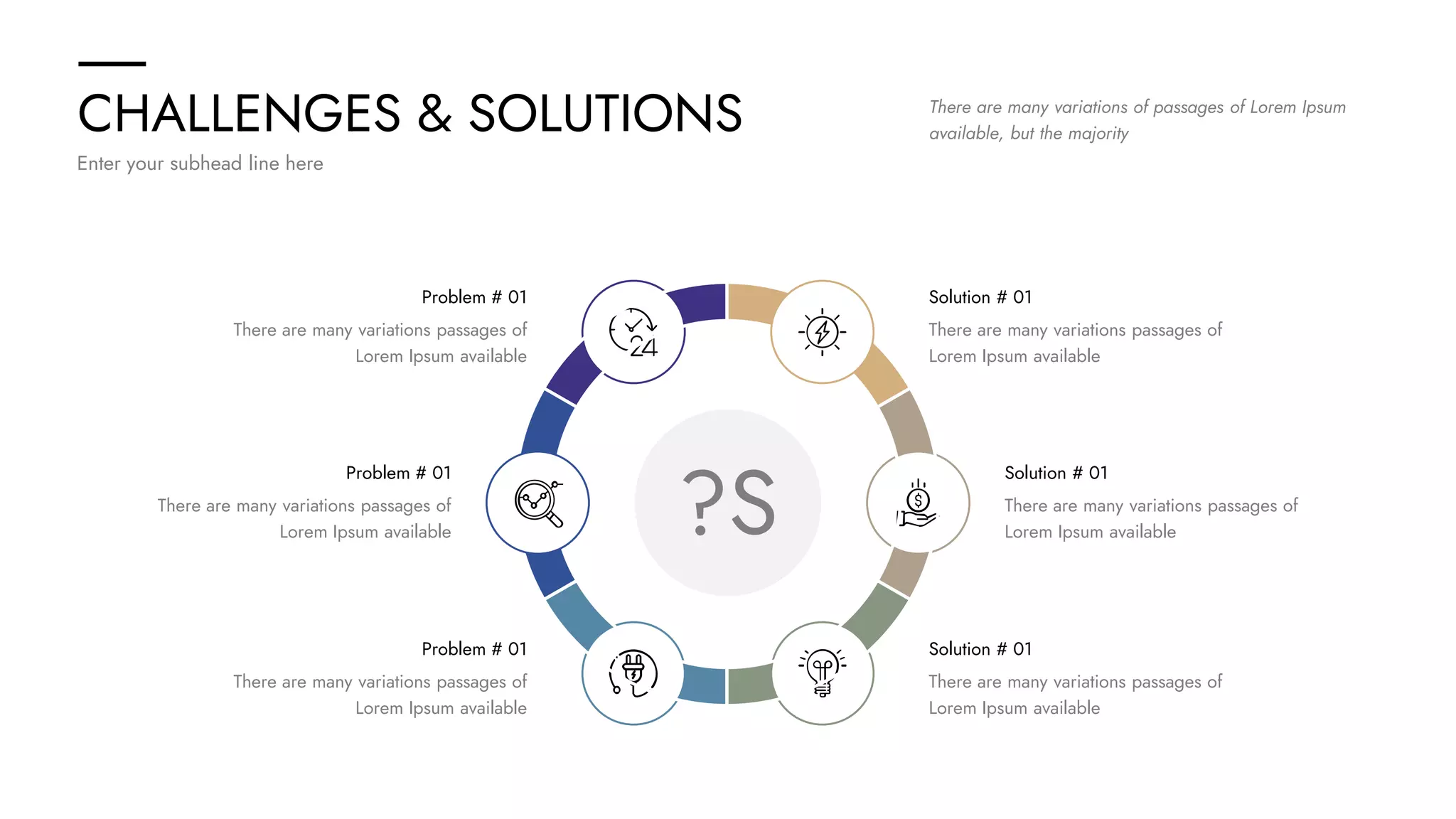 CHALLENGES & SOLUTIONS
Enter your subhead line here
There are many variations of passages of Lorem Ipsum
available, but the majority
?S
Problem # 01
There are many variations passages of
Lorem Ipsum available
Solution # 01
There are many variations passages of
Lorem Ipsum available
Problem # 01
There are many variations passages of
Lorem Ipsum available
Solution # 01
There are many variations passages of
Lorem Ipsum available
Problem # 01
There are many variations passages of
Lorem Ipsum available
Solution # 01
There are many variations passages of
Lorem Ipsum available
 