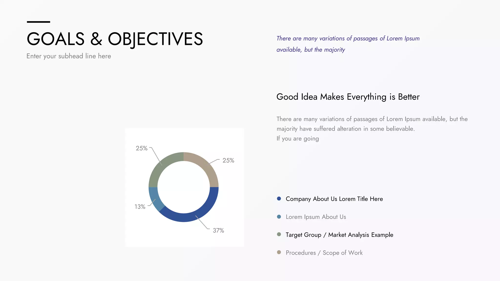 25%
25%
13%
37%
GOALS & OBJECTIVES
Enter your subhead line here
There are many variations of passages of Lorem Ipsum
available, but the majority
Good Idea Makes Everything is Better
There are many variations of passages of Lorem Ipsum available, but the
majority have suffered alteration in some believable.
If you are going
Procedures / Scope of Work
Target Group / Market Analysis Example
Lorem Ipsum About Us
Company About Us Lorem Title Here
 