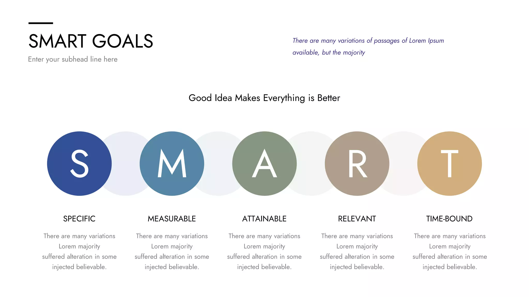 SMART GOALS
Enter your subhead line here
There are many variations of passages of Lorem Ipsum
available, but the majority
Good Idea Makes Everything is Better
S M A R T
SPECIFIC MEASURABLE ATTAINABLE RELEVANT TIME-BOUND
There are many variations
Lorem majority
suffered alteration in some
injected believable.
There are many variations
Lorem majority
suffered alteration in some
injected believable.
There are many variations
Lorem majority
suffered alteration in some
injected believable.
There are many variations
Lorem majority
suffered alteration in some
injected believable.
There are many variations
Lorem majority
suffered alteration in some
injected believable.
 