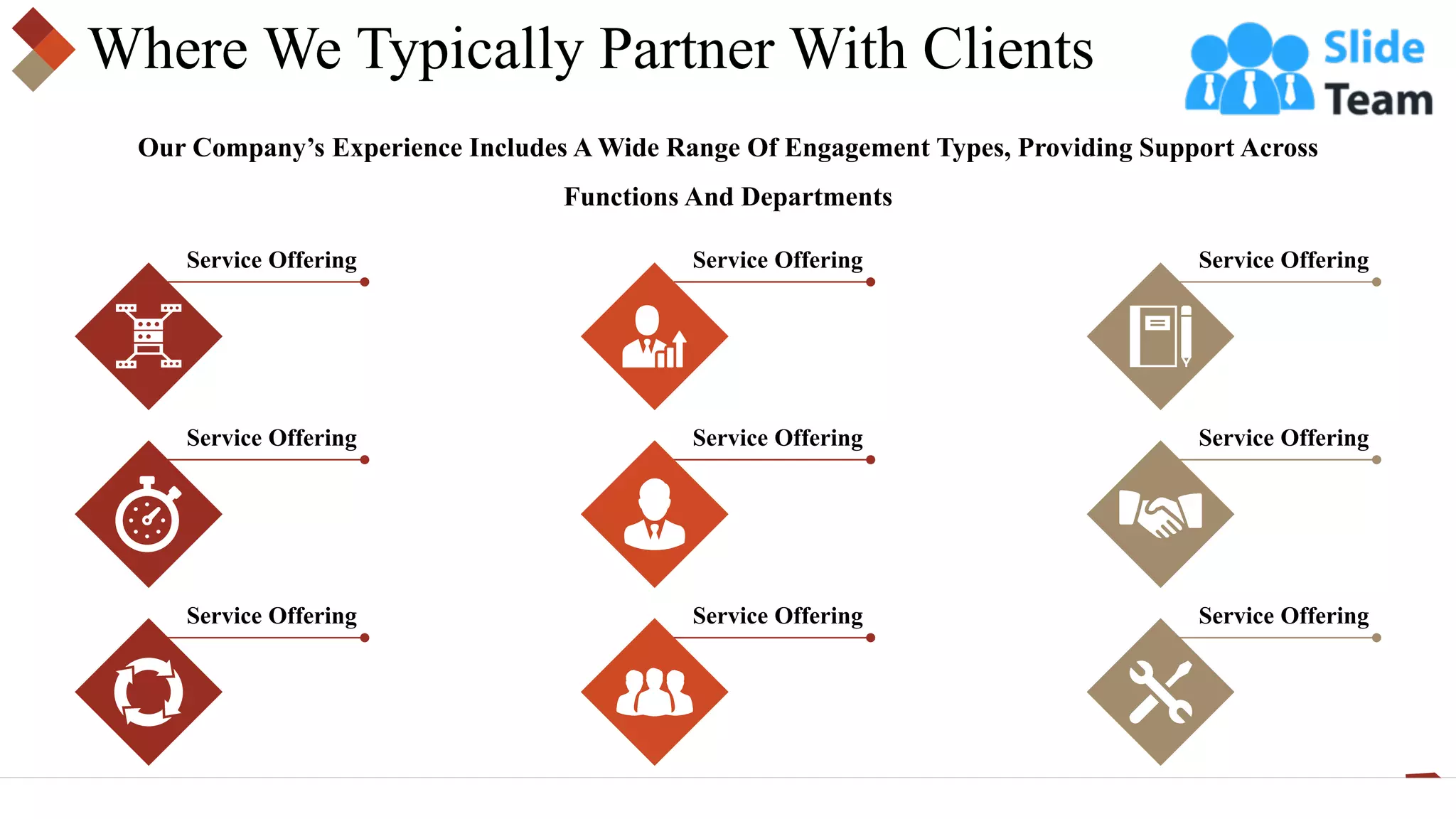 Where We Typically Partner With Clients
Service Offering
Service Offering
Service Offering
Service Offering
Service Offering
Service Offering
Service Offering
Service Offering
Service Offering
Our Company’s Experience Includes A Wide Range Of Engagement Types, Providing Support Across
Functions And Departments
 
