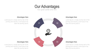 Our Advantages
Your great subtitle write here
Advantages Here
Lorem Ipsum is simply dummy text of the
printing and industry. Lorem Ipsum has
been the dummy text to
Advantages Here
Lorem Ipsum is simply dummy text of the
printing and industry. Lorem Ipsum has
been the dummy text to
Advantages Here
Lorem Ipsum is simply dummy text of the
printing and industry. Lorem Ipsum has
been the dummy text to
Advantages Here
Lorem Ipsum is simply dummy text of the
printing and industry. Lorem Ipsum has
been the dummy text to
01 02
04 03
 