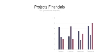 Projects Financials
Your great subtitle write here
0
1
2
3
4
5
6
Category 1 Category 2 Category 3 Category 4
 