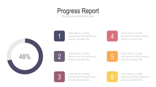 Progress Report
Your great subtitle write here
Lorem Ipsum is simply
dummy text of the printing to
industry. has been the
Lorem Ipsum is simply
dummy text of the printing to
industry. has been the
Lorem Ipsum is simply
dummy text of the printing to
industry. has been the
Lorem Ipsum is simply
dummy text of the printing to
industry. has been the
Lorem Ipsum is simply
dummy text of the printing to
industry. has been the
Lorem Ipsum is simply
dummy text of the printing to
industry. has been the
1 4
2
3
5
6
48%
 