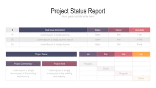 Project Status Report
Your great subtitle write here
#
Open
Open
Open
Text
Text
Text
6 Feb
1 Jan
9 Mar
02
01
03
Lorem Ipsum is simply dummy
Lorem Ipsum is simply dummy text of
Lorem Ipsum is simply dummy
Lorem Ipsum is simply
dummy text of the printing
and industry.
Lorem Ipsum is simply
dummy text of the printing
and industry.
Progress
Done
Done
Progress
Due Date
Risk/Issue Description Status Owner
Project Name
Project Commentary Project Work
Jan Feb Mar Apr
 