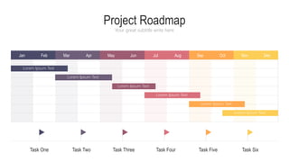 Project Roadmap
Your great subtitle write here
Jan Feb Mar Apr May Jun Jul Aug Sep Oct Nov Dec
Lorem Ipsum Text
Lorem Ipsum Text
Lorem Ipsum Text
Lorem Ipsum Text
Lorem Ipsum Text
Lorem Ipsum Text
Task One Task Two Task Four Task Six
Task Five
Task Three
 