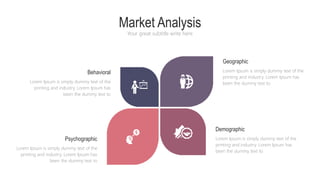 Market Analysis
Your great subtitle write here
Geographic
Lorem Ipsum is simply dummy text of the
printing and industry. Lorem Ipsum has
been the dummy text to
Behavioral
Lorem Ipsum is simply dummy text of the
printing and industry. Lorem Ipsum has
been the dummy text to
Demographic
Lorem Ipsum is simply dummy text of the
printing and industry. Lorem Ipsum has
been the dummy text to
Psychographic
Lorem Ipsum is simply dummy text of the
printing and industry. Lorem Ipsum has
been the dummy text to
 