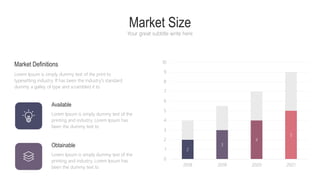 Market Size
Your great subtitle write here
Market Size
Your great subtitle write here
Available
Lorem Ipsum is simply dummy text of the
printing and industry. Lorem Ipsum has
been the dummy text to
Obtainable
Lorem Ipsum is simply dummy text of the
printing and industry. Lorem Ipsum has
been the dummy text to
Market Definitions
Lorem Ipsum is simply dummy text of the print to
typesetting industry. If has been the industry's standard
dummy a galley of type and scrambled it to
2
3
4
5
0
1
2
3
4
5
6
7
8
9
10
2018 2019 2020 2021
 