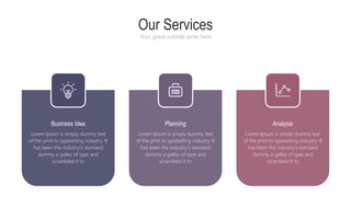 Our Services
Your great subtitle write here
Business Idea
Lorem Ipsum is simply dummy text
of the print to typesetting industry. If
has been the industry's standard
dummy a galley of type and
scrambled it to
Planning
Lorem Ipsum is simply dummy text
of the print to typesetting industry. If
has been the industry's standard
dummy a galley of type and
scrambled it to
Analysis
Lorem Ipsum is simply dummy text
of the print to typesetting industry. If
has been the industry's standard
dummy a galley of type and
scrambled it to
 