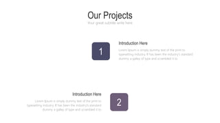Introduction Here
Lorem Ipsum is simply dummy text of the print to
typesetting industry. If has been the industry's standard
dummy a galley of type and scrambled it to
Our Projects
Your great subtitle write here
Introduction Here
Lorem Ipsum is simply dummy text of the print to
typesetting industry. If has been the industry's standard
dummy a galley of type and scrambled it to
1
2
 