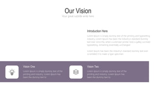 Introduction Here
Lorem Ipsum is simply dummy text of the printing and typesetting
industry. Lorem Ipsum has been the industry's standard dummy
text ever since the, when a unknown printer took a galley survived
typesetting, remaining essentially unchanged.
Lorem Ipsum has been the industry's standard dummy text ever
scrambled it to make a type specimen
Our Vision
Your great subtitle write here
Vision One
Lorem Ipsum is simply dummy text of the
printing and industry. Lorem Ipsum has
been the dummy text to
Vision Two
Lorem Ipsum is simply dummy text of the
printing and industry. Lorem Ipsum has
been the dummy text to
 