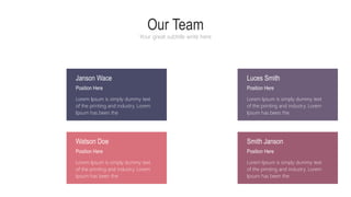 Our Team
Your great subtitle write here
Janson Wace
Position Here
Lorem Ipsum is simply dummy text
of the printing and industry. Lorem
Ipsum has been the
Luces Smith
Position Here
Lorem Ipsum is simply dummy text
of the printing and industry. Lorem
Ipsum has been the
Watson Doe
Position Here
Lorem Ipsum is simply dummy text
of the printing and industry. Lorem
Ipsum has been the
Smith Janson
Position Here
Lorem Ipsum is simply dummy text
of the printing and industry. Lorem
Ipsum has been the
 