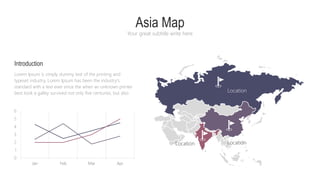 Asia Map
Your great subtitle write here
Lorem Ipsum is simply dummy text of the printing and
typeset industry. Lorem Ipsum has been the industry's
standard with a text ever since the when an unknown printer
best took a galley survived not only five centuries, but also
Introduction
0
1
2
3
4
5
6
Jan Feb Mar Apr
Location
Location
Location
 