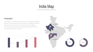 India Map
Your great subtitle write here
Introduction
Lorem Ipsum is simply dummy text of the printing and typeset
industry. Lorem Ipsum has been industry's standard dummy to
text ever since the, when a known printer took a galley
survived to text ever since the a types special books. It has
survived not only five centuries,
87% 67%
Location
Location
 