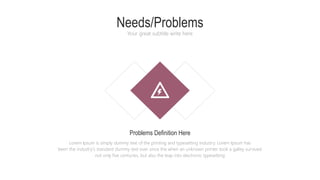Needs/Problems
Your great subtitle write here
Lorem Ipsum is simply dummy text of the printing and typesetting industry. Lorem Ipsum has
been the industry's standard dummy text ever since the when an unknown printer took a galley survived
not only five centuries, but also the leap into electronic typesetting
Problems Definition Here
 