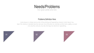Needs/Problems
Your great subtitle write here
Lorem Ipsum is simply dummy text of the printing and typesetting industry. Lorem Ipsum has
been the industry's standard dummy text ever since the when an unknown printer took a galley survived
not only five centuries, but also the leap into electronic typesetting
Problems Definition Here
01 02 03
 