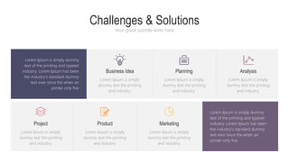 Challenges & Solutions
Your great subtitle write here
Lorem Ipsum is simply dummy
text of the printing and typeset
industry. Lorem Ipsum has been
the industry's standard dummy
text ever since the when an
printer only five
Planning
Lorem Ipsum is simply
dummy text the printing
and industry.
Analysis
Lorem Ipsum is simply
dummy text the printing
and industry.
Business Idea
Lorem Ipsum is simply
dummy text the printing
and industry.
Project
Lorem Ipsum is simply
dummy text the printing
and industry.
Product
Lorem Ipsum is simply
dummy text the printing
and industry.
Marketing
Lorem Ipsum is simply
dummy text the printing
and industry.
Lorem Ipsum is simply dummy
text of the printing and typeset
industry. Lorem Ipsum has been
the industry's standard dummy
text ever since the when an
printer only five
 