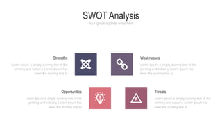 SWOT Analysis
Your great subtitle write here
Strengths
Lorem Ipsum is simply dummy text of the
printing and industry. Lorem Ipsum has
been the dummy text to
Opportunities
Lorem Ipsum is simply dummy text of the
printing and industry. Lorem Ipsum has
been the dummy text to
Weaknesses
Lorem Ipsum is simply dummy text of the
printing and industry. Lorem Ipsum has
been the dummy text to
Threats
Lorem Ipsum is simply dummy text of the
printing and industry. Lorem Ipsum has
been the dummy text to
 