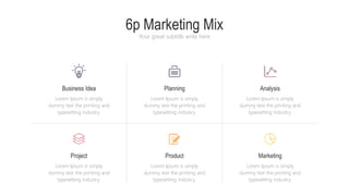 6p Marketing Mix
Your great subtitle write here
Product
Lorem Ipsum is simply
dummy text the printing and
typesetting industry.
Planning
Lorem Ipsum is simply
dummy text the printing and
typesetting industry.
Marketing
Lorem Ipsum is simply
dummy text the printing and
typesetting industry.
Analysis
Lorem Ipsum is simply
dummy text the printing and
typesetting industry.
Project
Lorem Ipsum is simply
dummy text the printing and
typesetting industry.
Business Idea
Lorem Ipsum is simply
dummy text the printing and
typesetting industry.
 