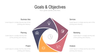 Goals & Objectives
Your great subtitle write here
Project
Lorem Ipsum is simply dummy text of the
printing and industry.
Planning
Lorem Ipsum is simply dummy text
of the printing and industry.
Business Idea
Lorem Ipsum is simply dummy text of the
printing and industry.
Analysis
Lorem Ipsum is simply dummy text of the
printing and industry.
Marketing
Lorem Ipsum is simply dummy text
of the printing and industry.
Services
Lorem Ipsum is simply dummy text of the
printing and industry.
 