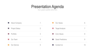 Presentation Agenda
Your great subtitle write here
About Company
Project Status
Portfolio
Our Team
Our Service
1
2
3
4
5
Our Values
Target Analysis
Core Values
Seals Predictions
Contact Us
6
7
8
9
10
 