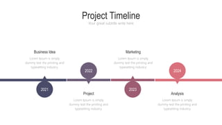 Project Timeline
Your great subtitle write here
2021 2023
2024
2022
Project
Lorem Ipsum is simply
dummy text the printing and
typesetting industry.
Marketing
Lorem Ipsum is simply
dummy text the printing and
typesetting industry.
Analysis
Lorem Ipsum is simply
dummy text the printing and
typesetting industry.
Business Idea
Lorem Ipsum is simply
dummy text the printing and
typesetting industry.
 